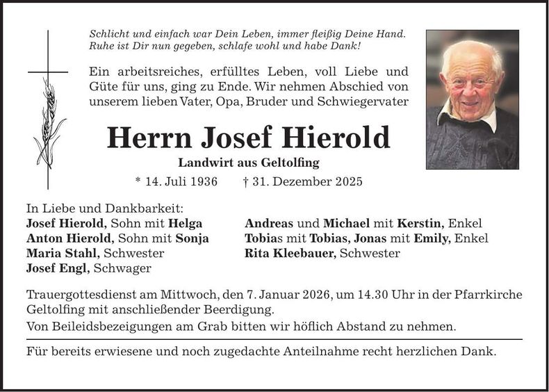 Traueranzeige Josef Hierold