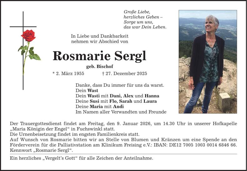 Traueranzeige Rosmarie Sergl