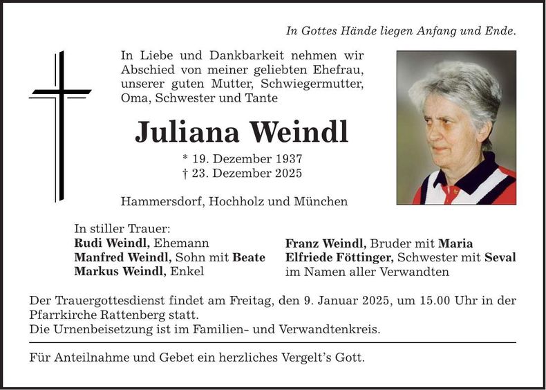 Traueranzeige Juliana Weindl