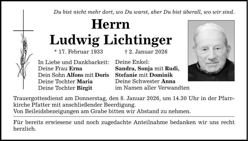 Traueranzeige Ludwig Lichtinger