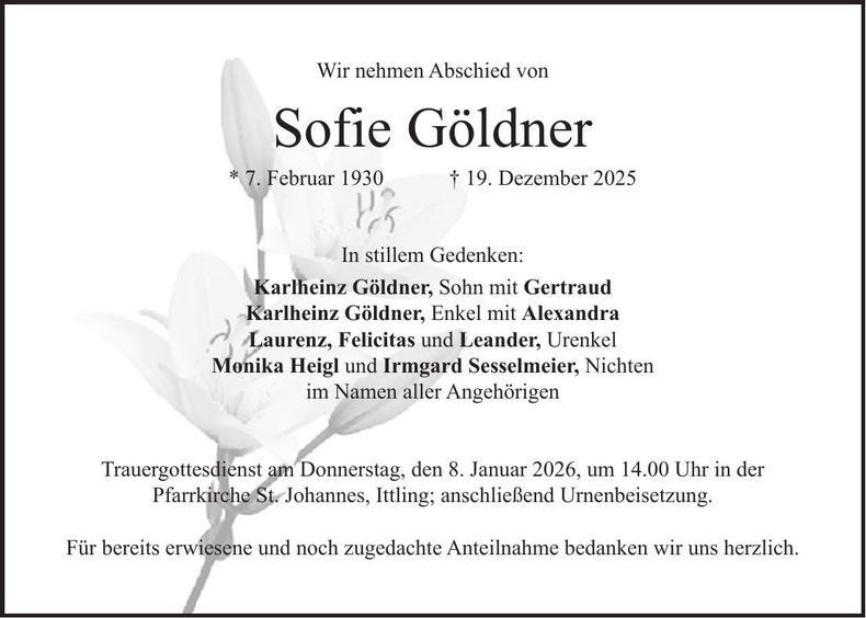 Traueranzeige Sofie Göldner