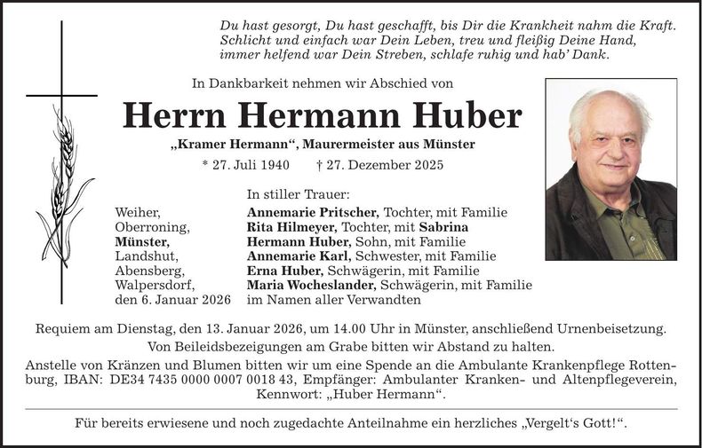 Traueranzeige Hermann Huber