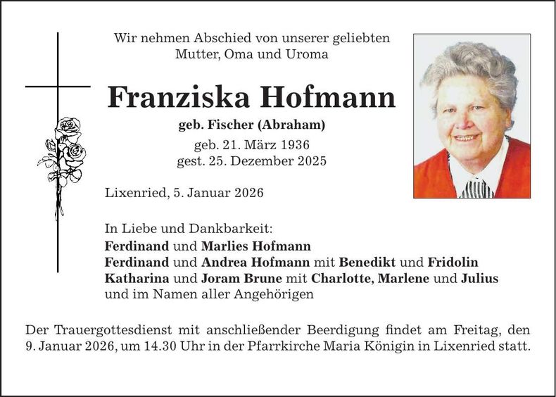 Traueranzeige Franziska Hofmann