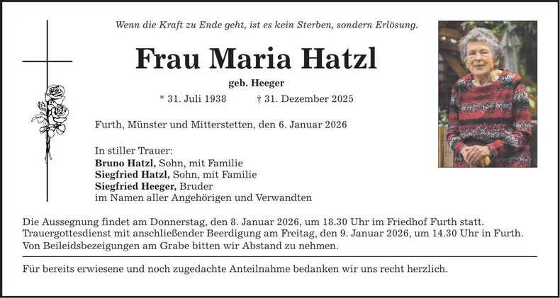 Traueranzeige Maria Hatzl