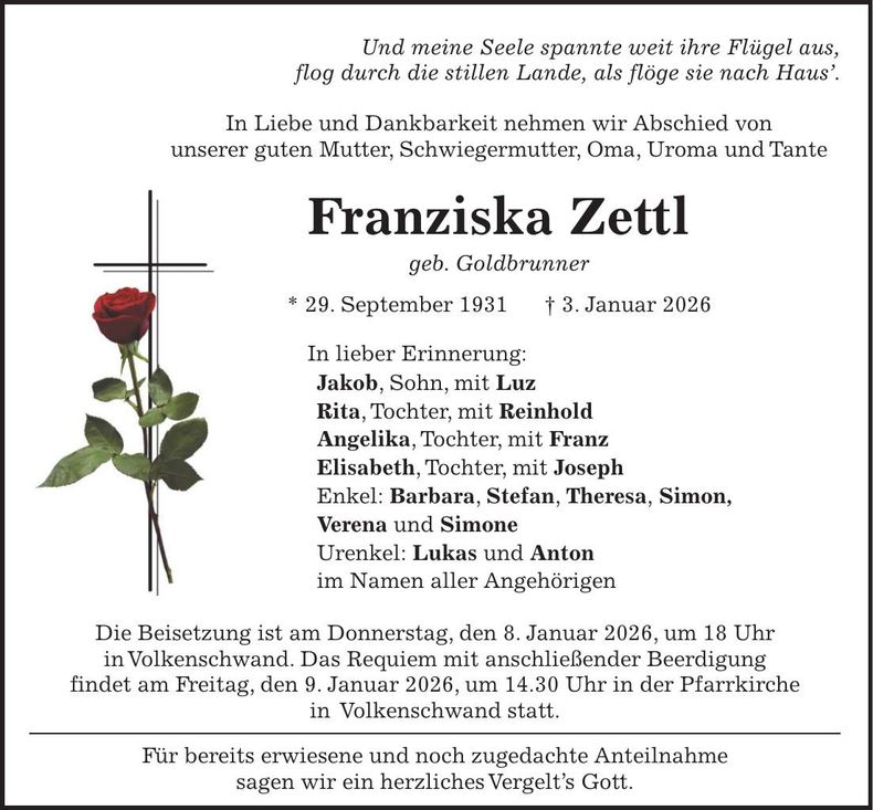 Traueranzeige Zettl Franziska