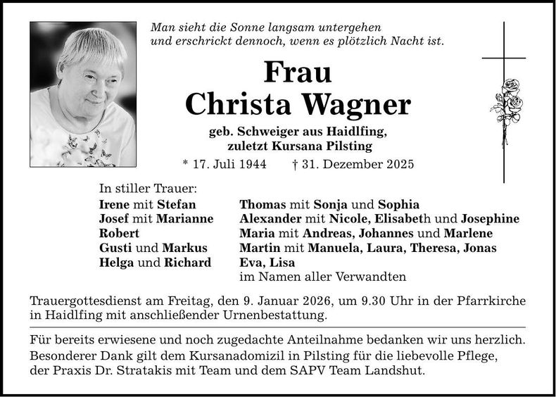 Traueranzeige Christa Wagner