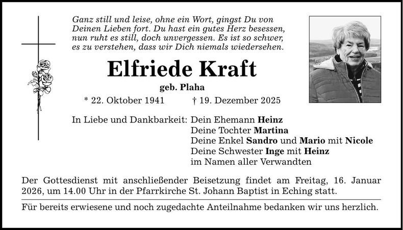 Traueranzeige Elfriede Kraft