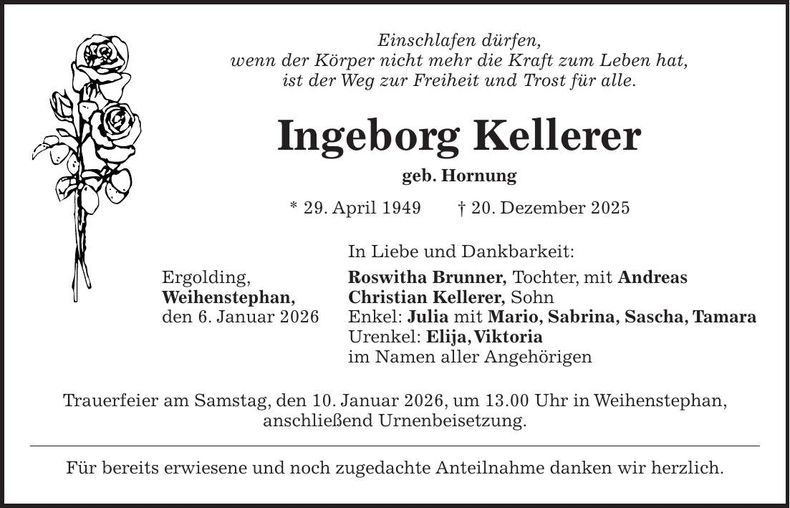 Traueranzeige Ingeborg Kellerer