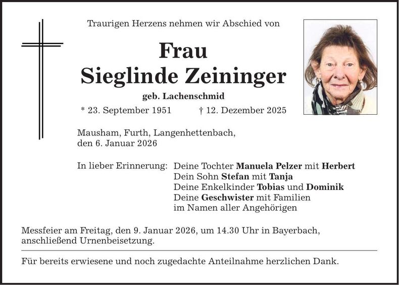 Traueranzeige Sieglinde Zeininger