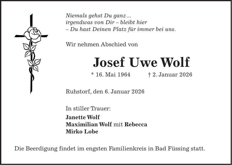 Traueranzeige Josef Uwe Wolf