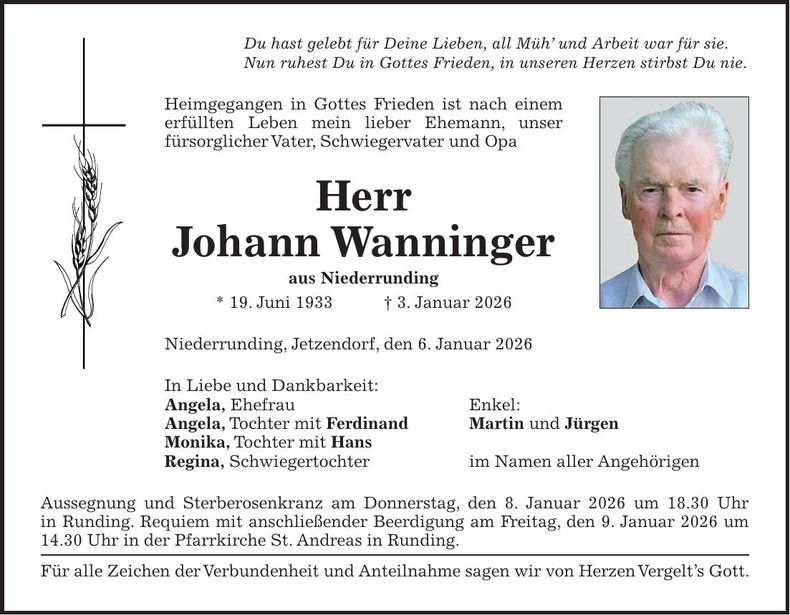 Traueranzeige Johann Wanninger