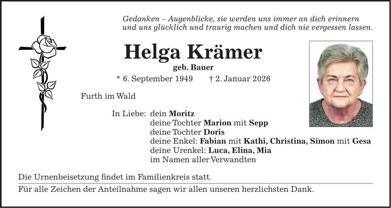 Traueranzeige Helga Krämer