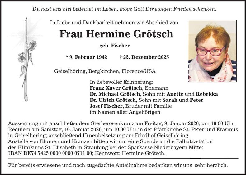 Traueranzeige Hermine Grötsch