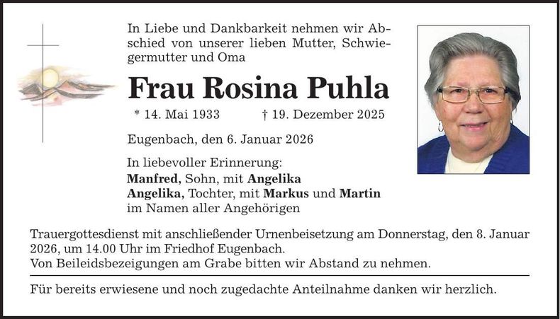 Traueranzeige Rosina Puhla