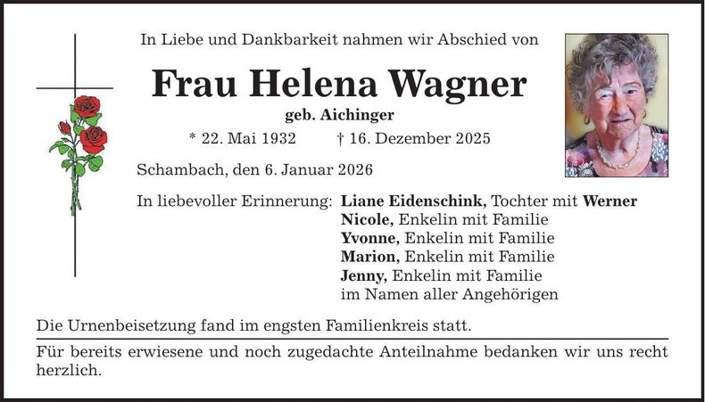 Traueranzeige Helena Wagner