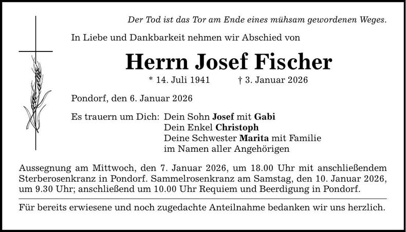 Traueranzeige Josef Fischer