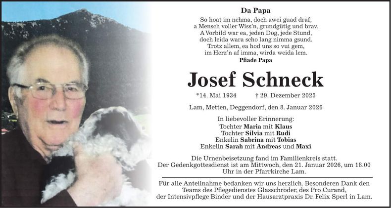 Traueranzeige Josef Schneck