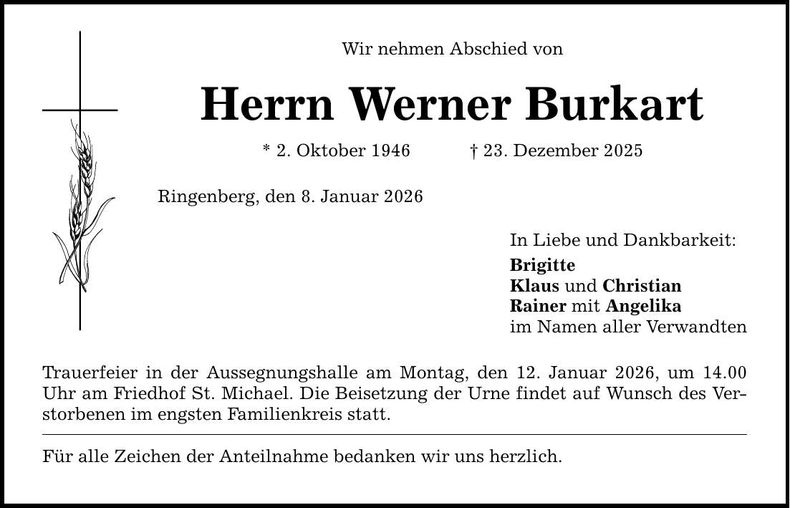 Traueranzeige Werner Burkart