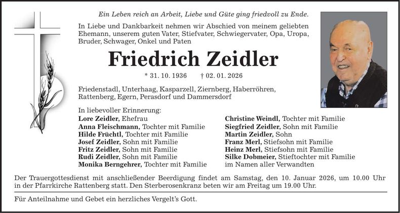 Traueranzeige Friedrich Zeidler
