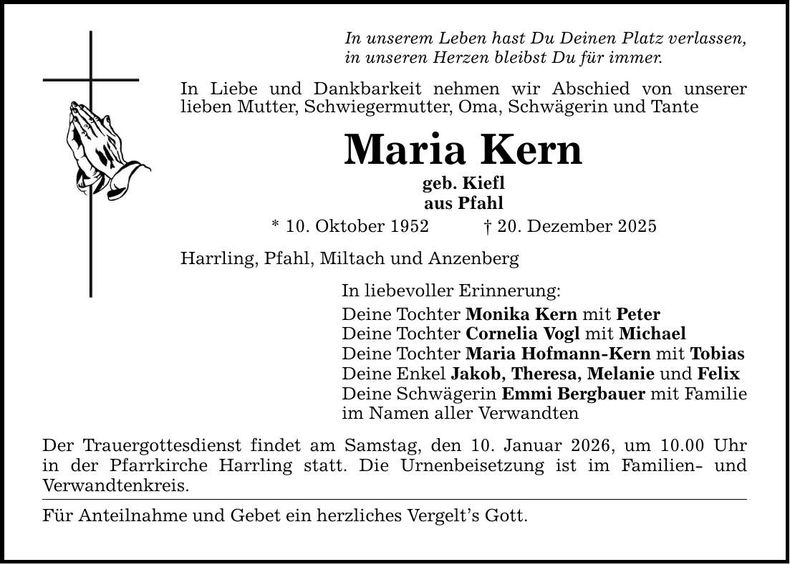 Traueranzeige Kern Maria