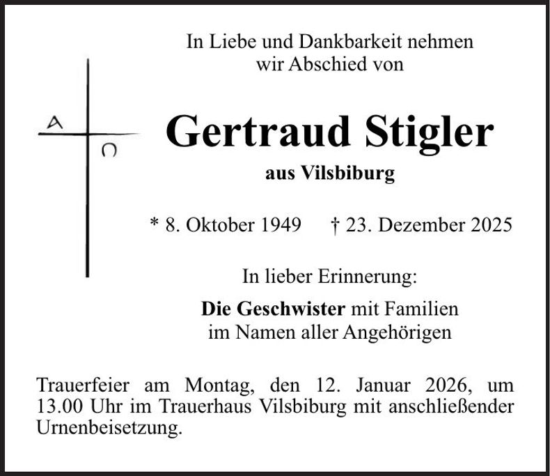 Traueranzeige Gertraud Stigler