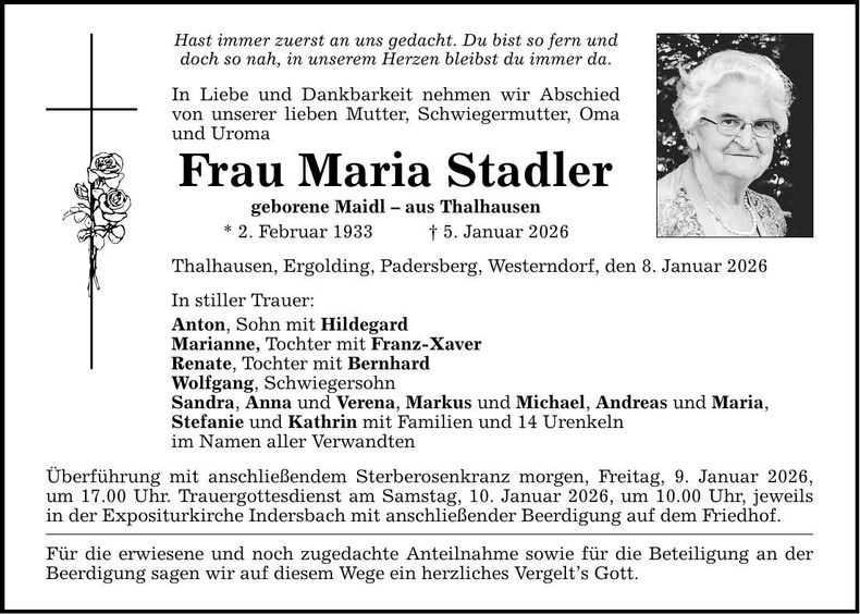 Traueranzeige Maria Stadler