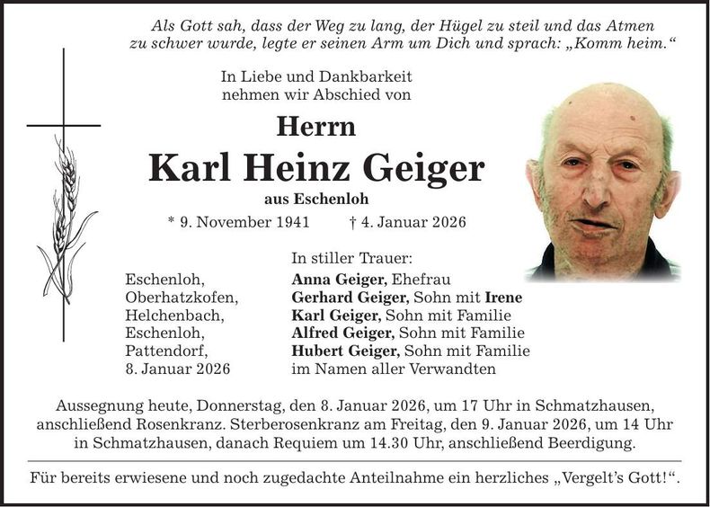 Traueranzeige Karl Heinz Geiger