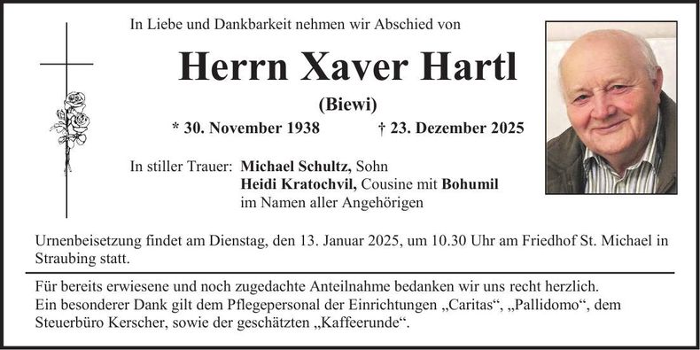 Traueranzeige Xaver Hartl