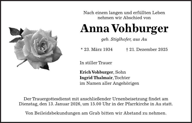 Traueranzeige Anna Vohburger