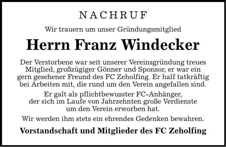 Traueranzeige Franz Windecker