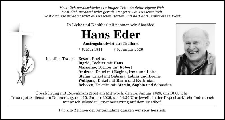 Traueranzeige Hans Eder