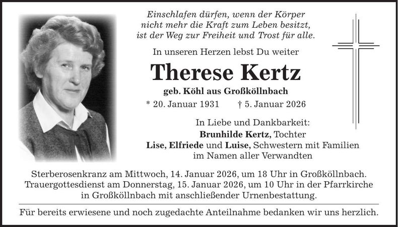 Traueranzeige Therese Kertz
