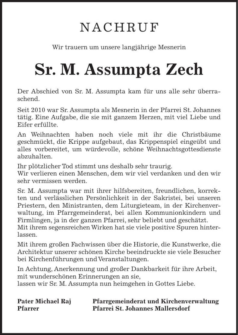 Traueranzeige Assumpta Zech