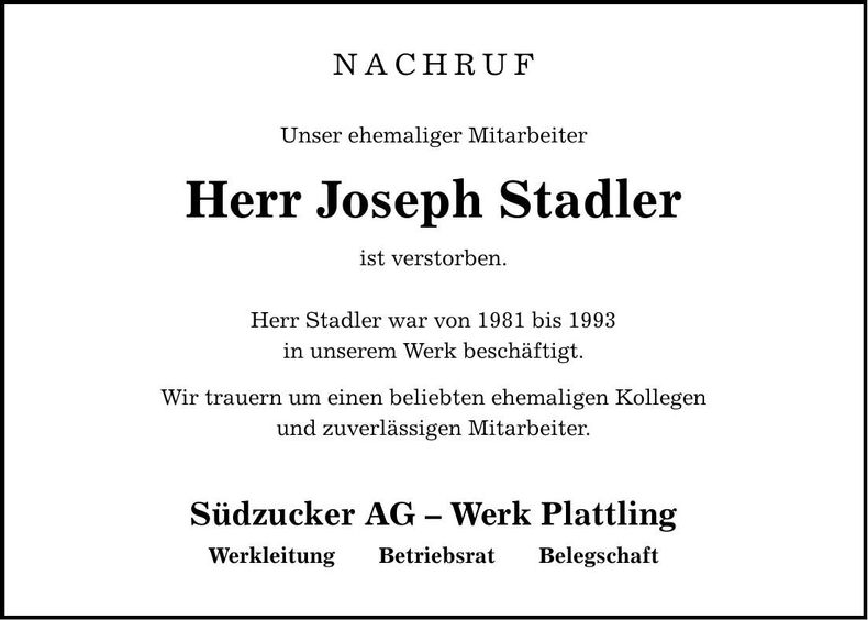 Traueranzeige Joseph Stadler