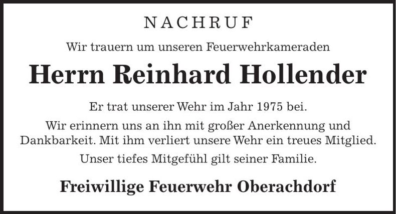 Traueranzeige Reinhard Hollender