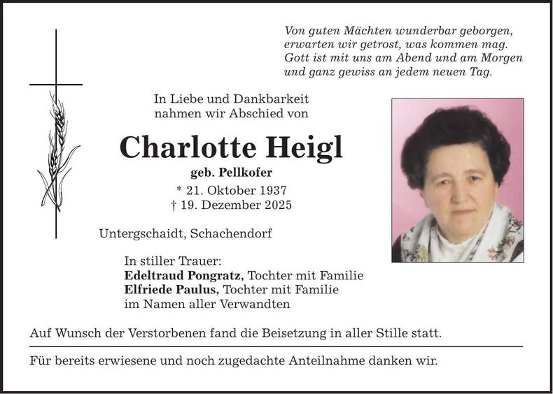 Traueranzeige Charlotte Heigl