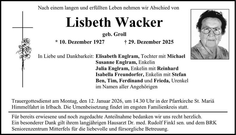 Traueranzeige Lisbeth Wacker