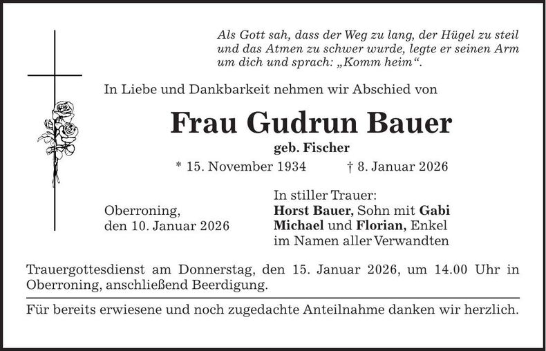 Traueranzeige Gudrun Bauer