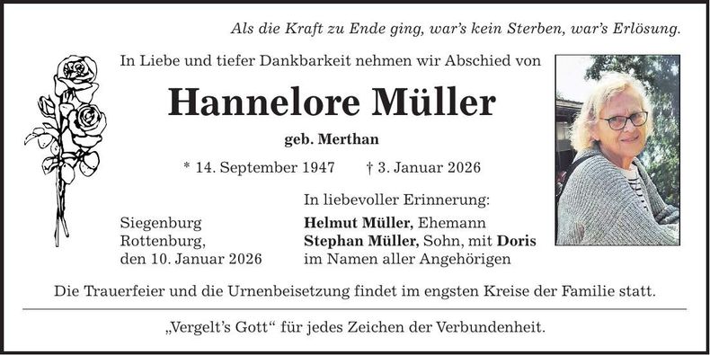 Traueranzeige Hannelore Müller