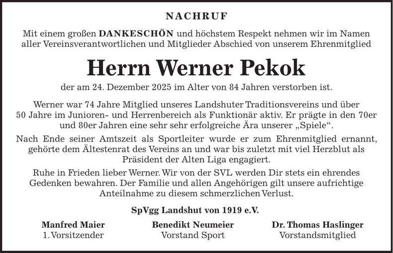 Traueranzeige Werner Pekok