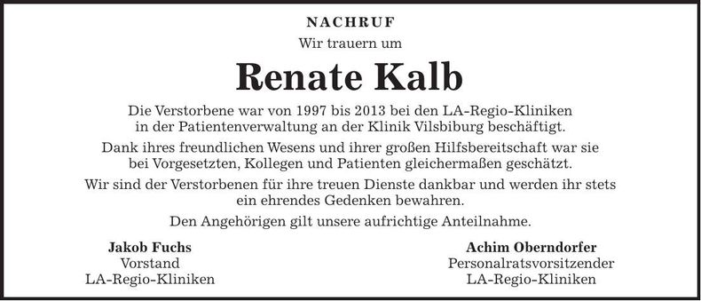 Traueranzeige Renate Kalb