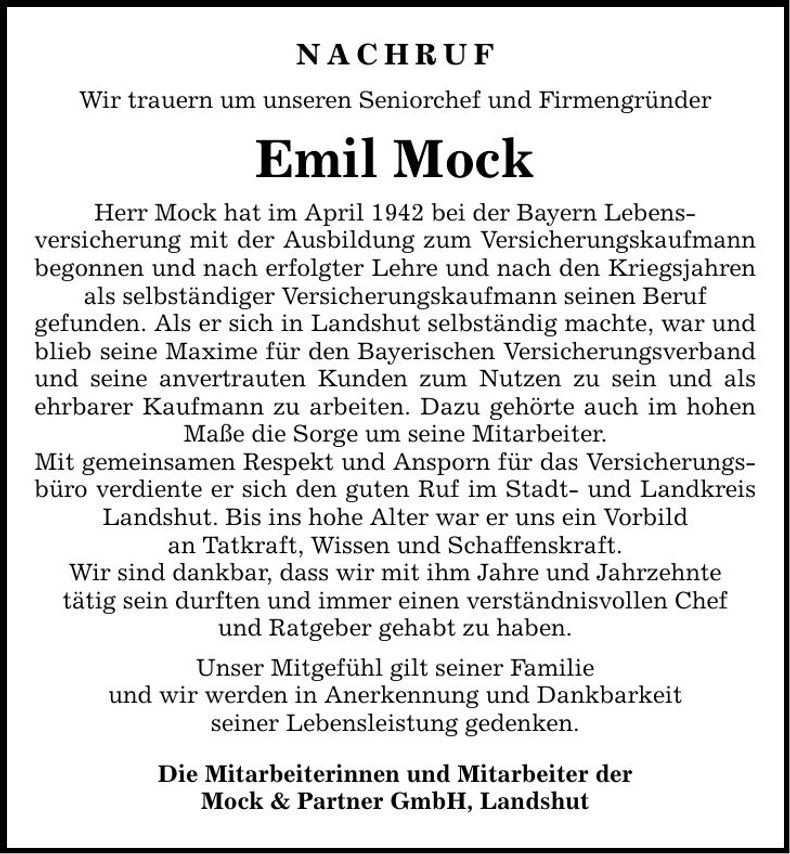 Traueranzeige Emil Mock