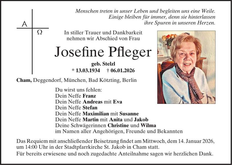 Traueranzeige Josefine Pfleger