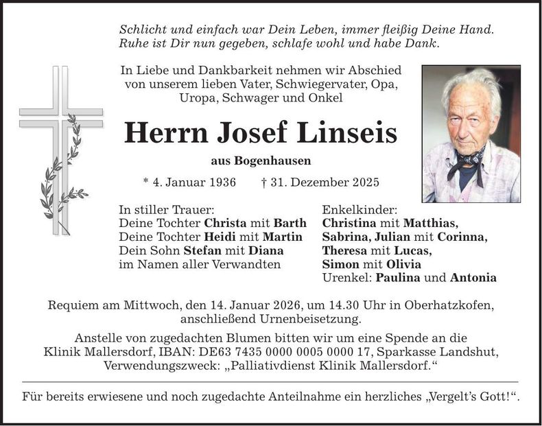 Traueranzeige Josef Linseis