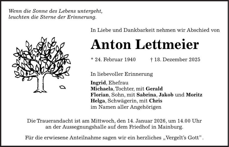 Traueranzeige Anton Lettmeier