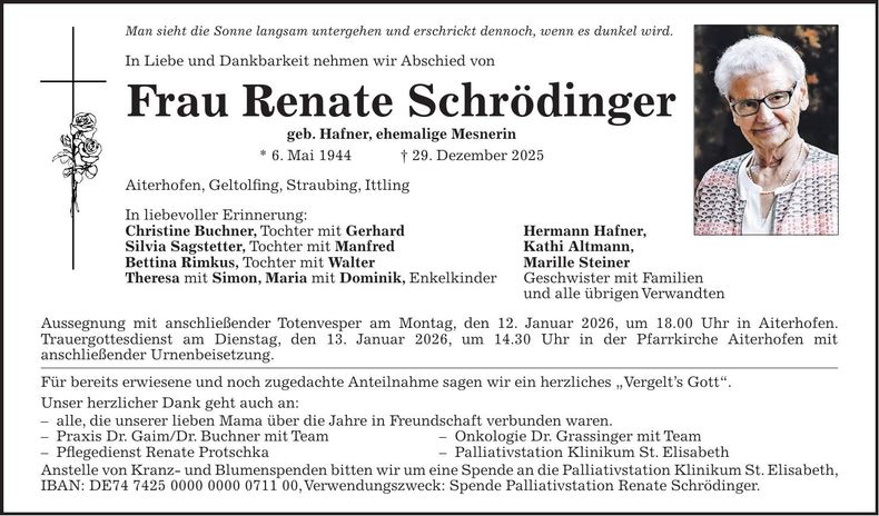 Traueranzeige Renate Schrödinger