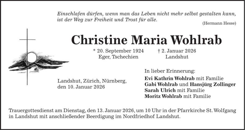 Traueranzeige Christine Maria Wohlrab