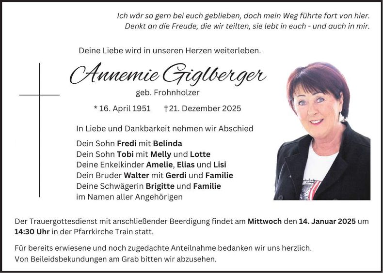 Traueranzeige Giglberger Annemie