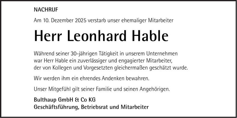 Traueranzeige Leonhard Hable