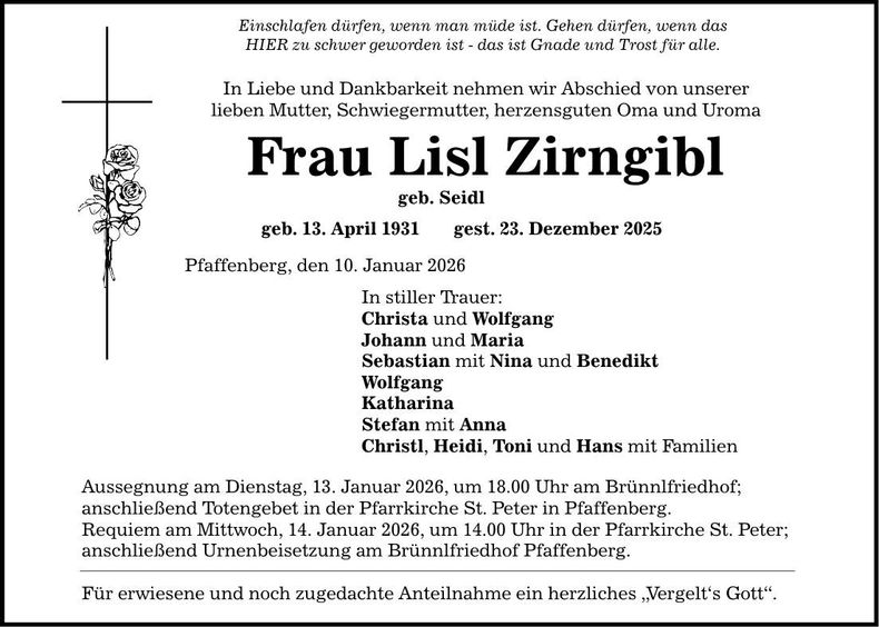 Traueranzeige Lisl Zirngibl